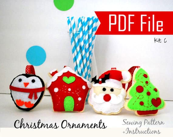 4 Christmas Ornaments Patterns, Pdf Sewing Pattern Set, Snowman, Gingerbread House, Happy Star, Christmas Tree- Kit B Instant Download A867