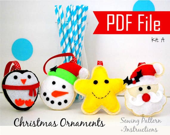 Felt Christmas Ornament Pattern, Pdf Sewing Pattern, Snowman, Santa Claus , Happy Star, Christmas Penguin- Set A Instant Download A868
